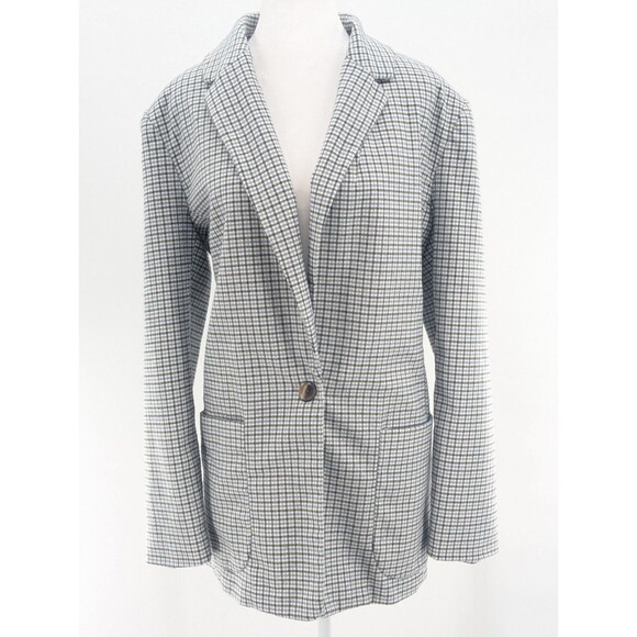 A New Day Oversized Blue Cream Brown Checkered Size Large Button Blazer Jacket - Picture 1 of 8